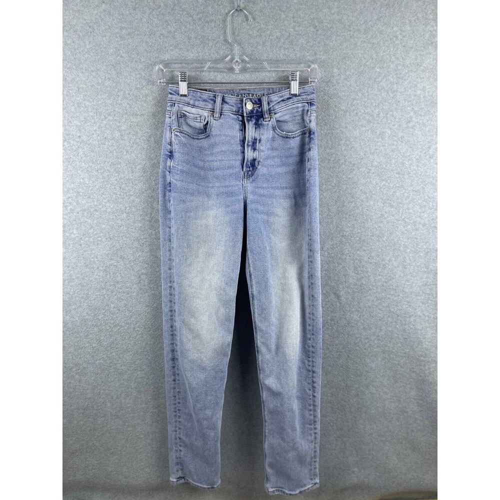 American Eagle Mom Straight Jean Women's 00 Blue Distressed Hi Rise